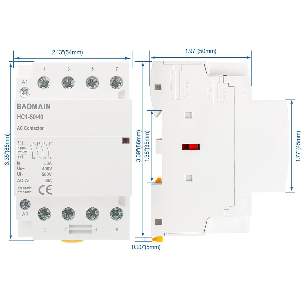 BAOMAIN 50A 4 Pole AC Contactor 110V 4NO DIN Rail for HVAC EV Smart Home