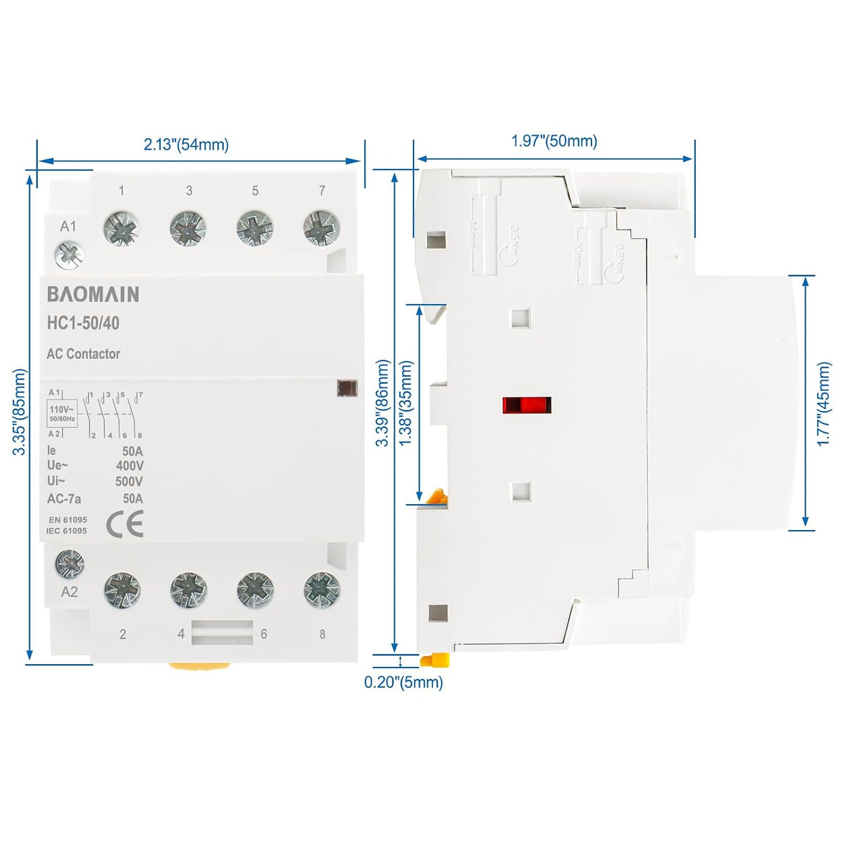 BAOMAIN 50A 4 Pole AC Contactor 110V 4NO DIN Rail for HVAC EV Smart Home