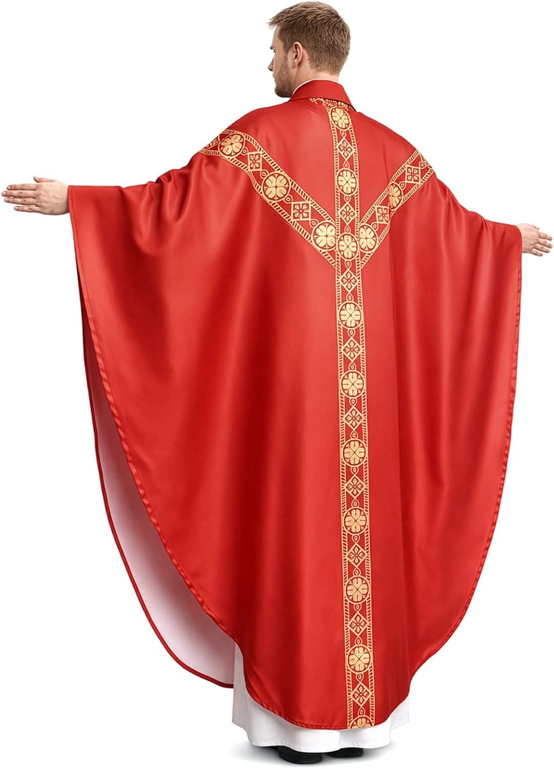 Red Catholic Chasuble, Priest Vestment with Stole, Round Collar Clergy Robes for Men, Church Mass Priest Costume for