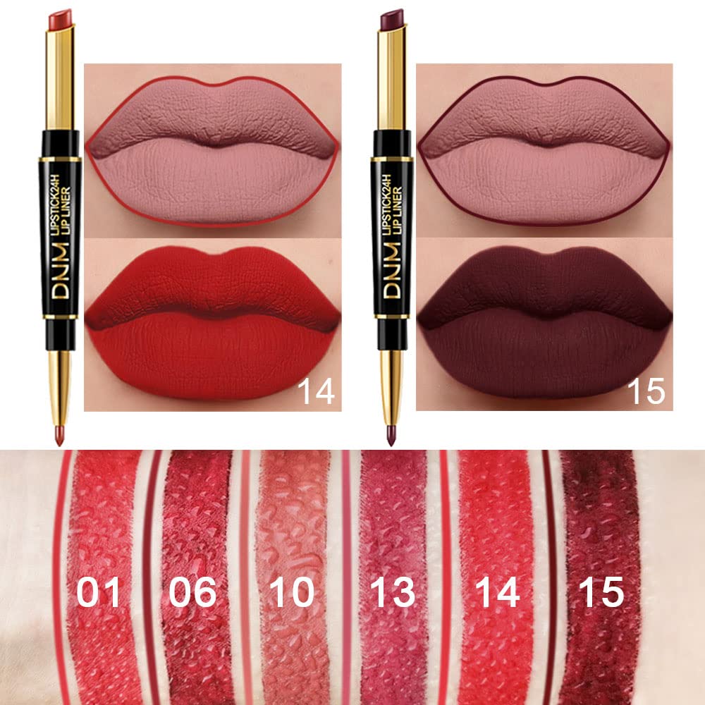 6Pcs Red Lip Liner and Lipstick Lip Stain Crayon Gift Set for Women Dark Deep Red Nude Long Lasting 24 Hour Matte