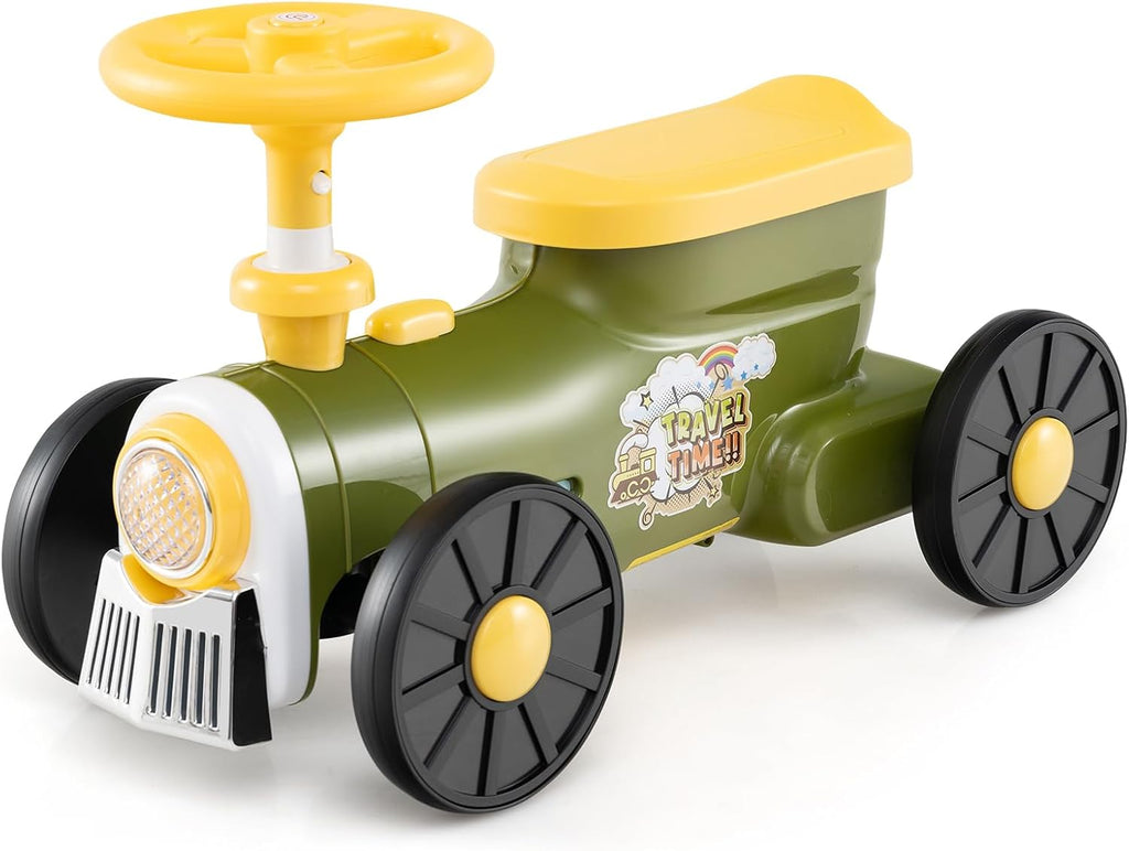 Ride On Push Car, Retro Kids Riding Toy with Steering Wheel, Train Whistle Sound & Under Seat Storage, Foot-to-Floor