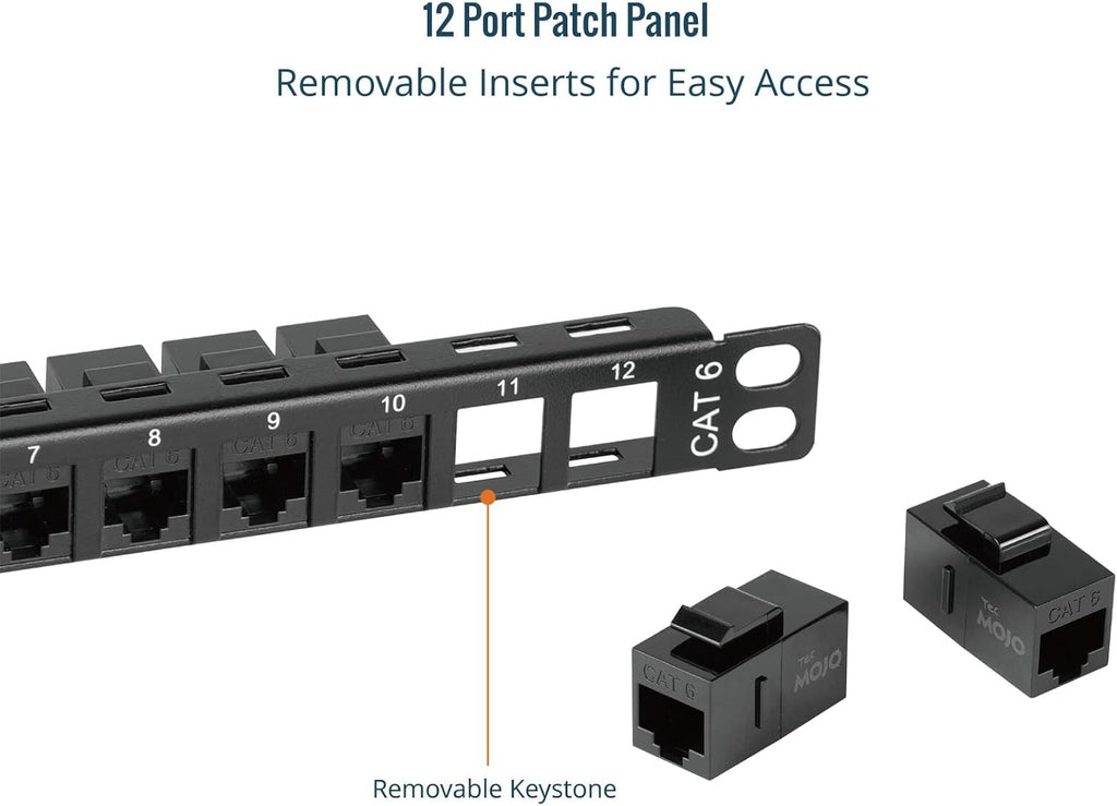 Tecmojo 12-Port Cat6 Patch Panel, 0.5U Rack Mount Modular Panel with Keystone Coupler, for 10" Server Rack & Network Cabinet, Gigabit Ethernet, Black