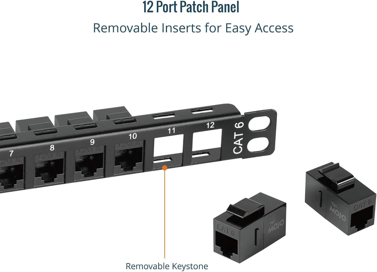 Tecmojo 12-Port Cat6 Patch Panel, 0.5U Rack Mount Modular Panel with Keystone Coupler, for 10" Server Rack & Network Cabinet, Gigabit Ethernet, Black