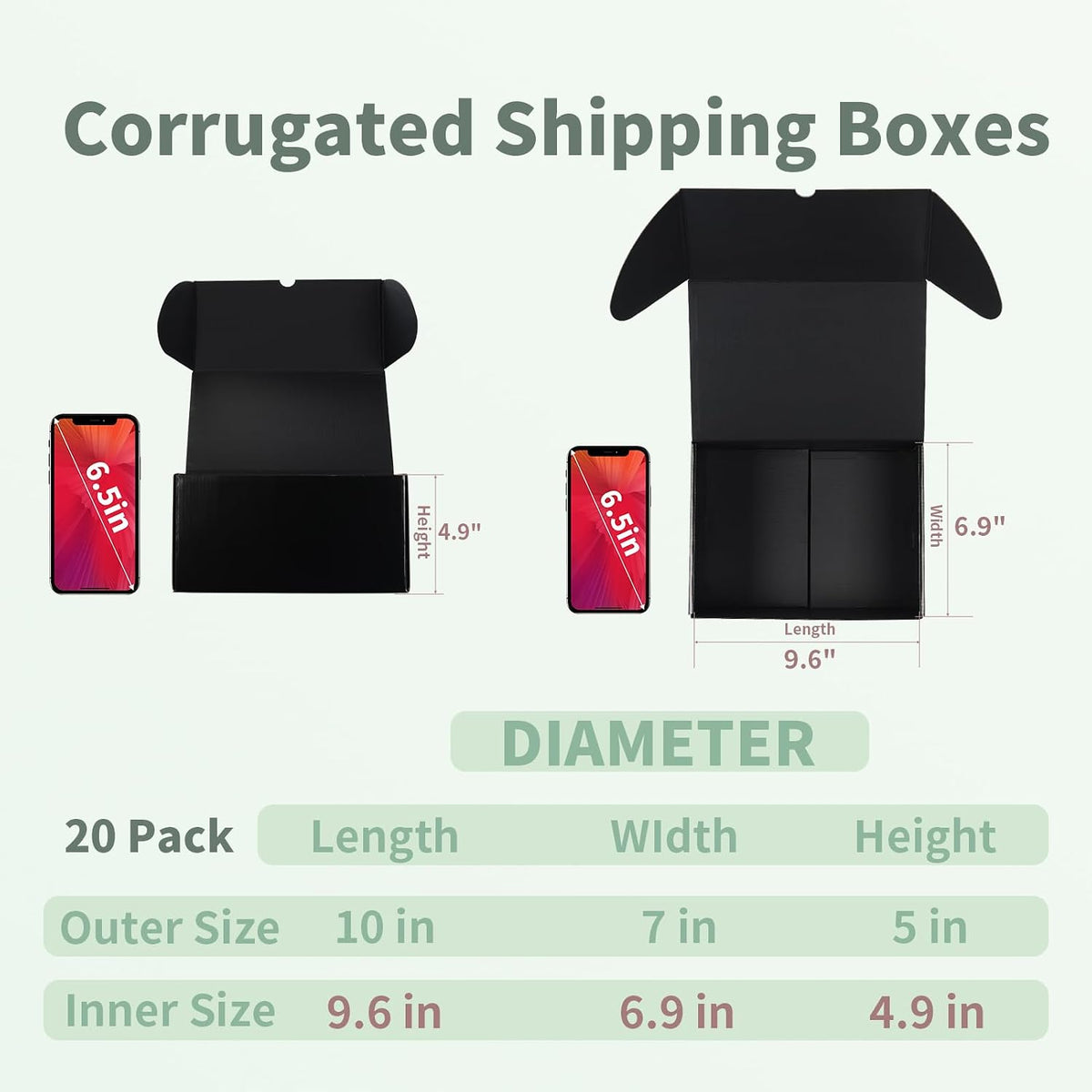 10x7x5 Inch Black Shipping Boxes 20 Pack, Cardboard Mailer Boxes for Small Business Mailing