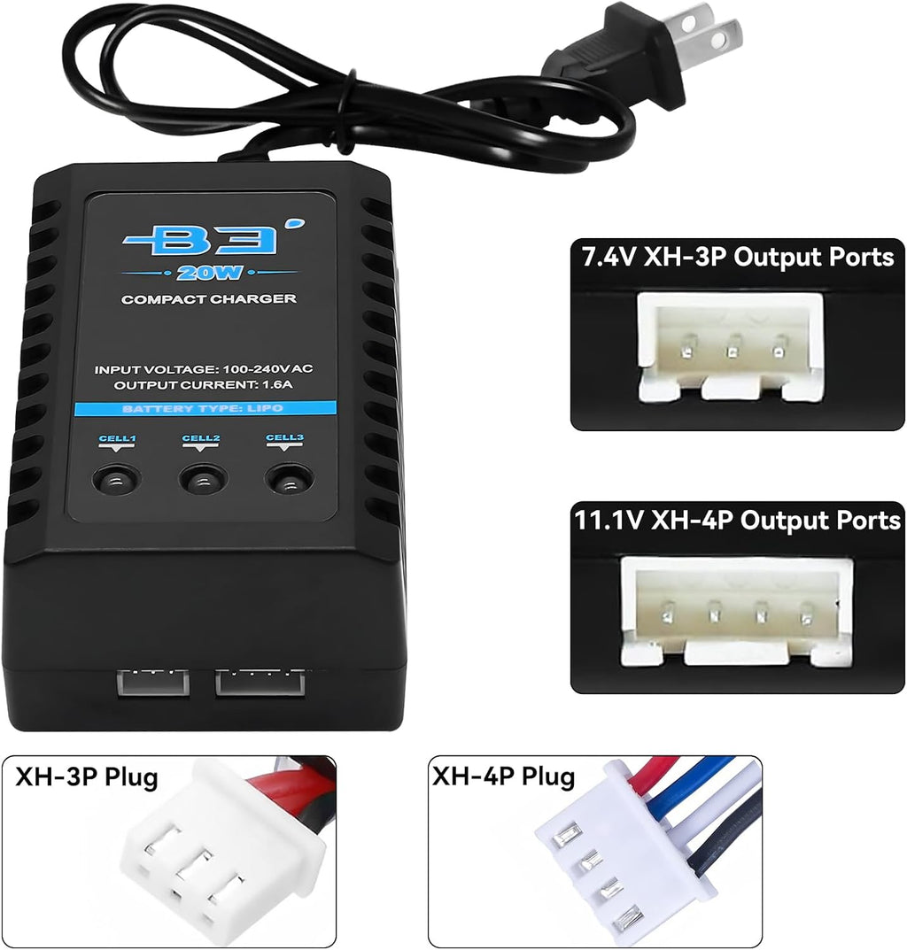 B3 Lipo Battery Charger - 2S 3S RC Balance Chargers AC 7.4-11.1V 20W 1.6A with XH3P XH4P Plug for RC Car Batteries