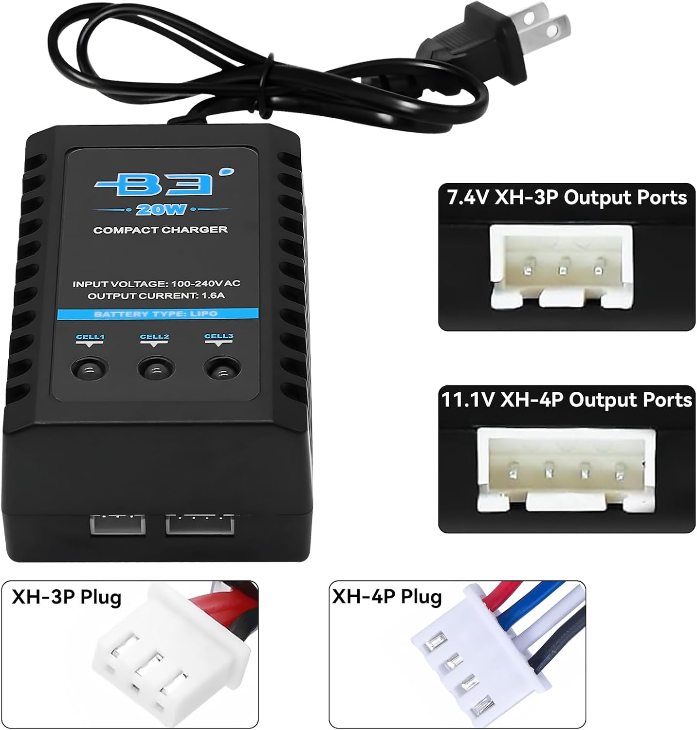 B3 Lipo Battery Charger - 2S 3S RC Balance Chargers AC 7.4-11.1V 20W 1.6A with XH3P XH4P Plug for RC Car Batteries