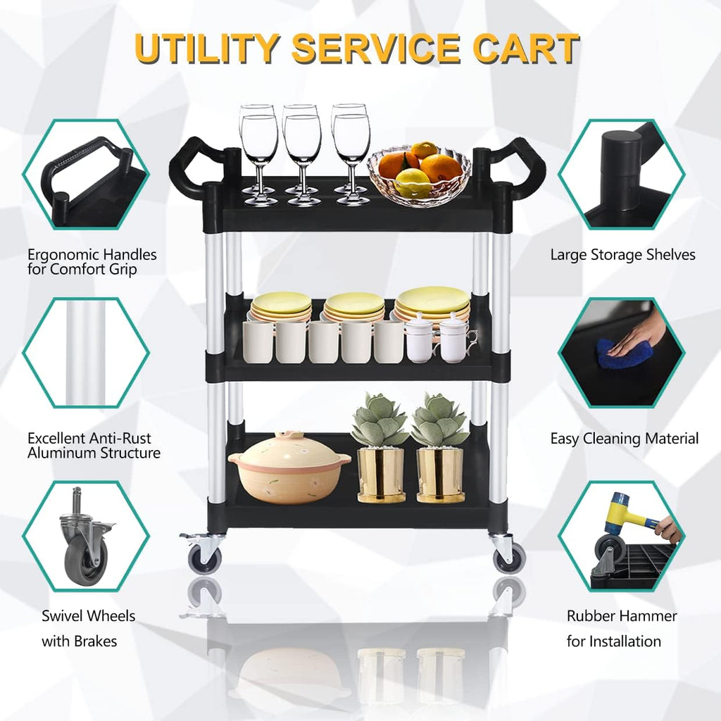 Plastic Utility Carts with Wheels, Heavy Duty 510lbs Capacity Rolling Service Cart, 3-Tier Restaurant Food Cart with
