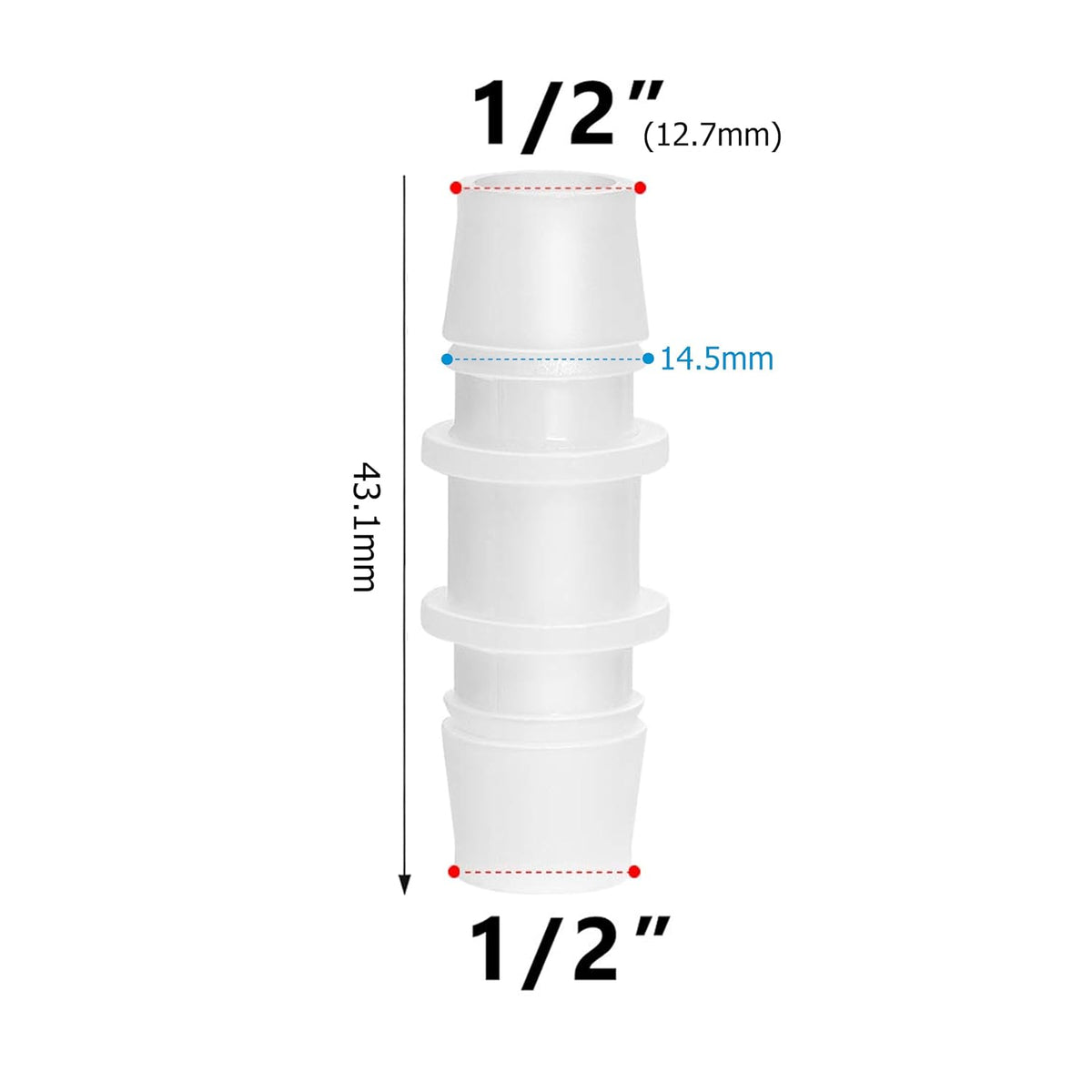 Quickun Plastic Hose Barb Fitting, 1/2" x 1/2" Barbed Splicer Mender Joint Adapter Union Fitting (Pack of 5)