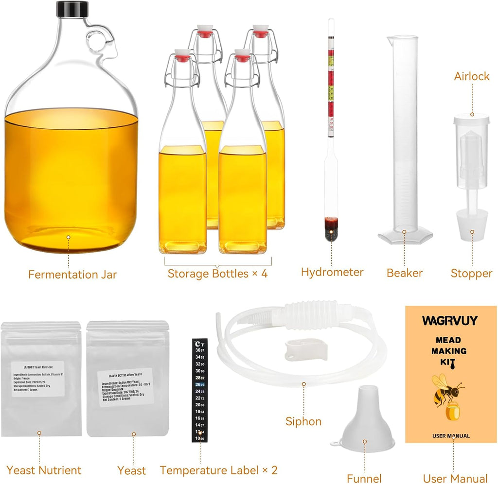 Mead Making Kit for Beginners - Complete Home Brewing Starter Set with Reusable Supplies, 1 Gallon Glass Honey Wine