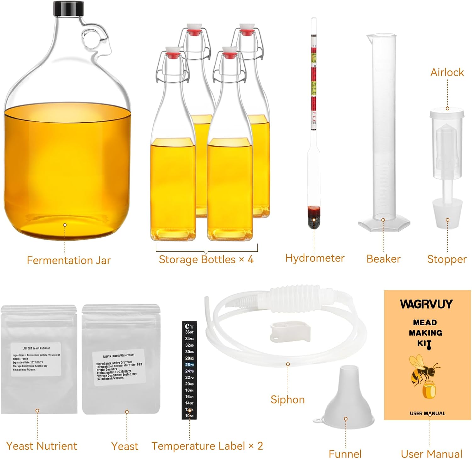 Mead Making Kit for Beginners - Complete Home Brewing Starter Set with Reusable Supplies, 1 Gallon Glass Honey Wine