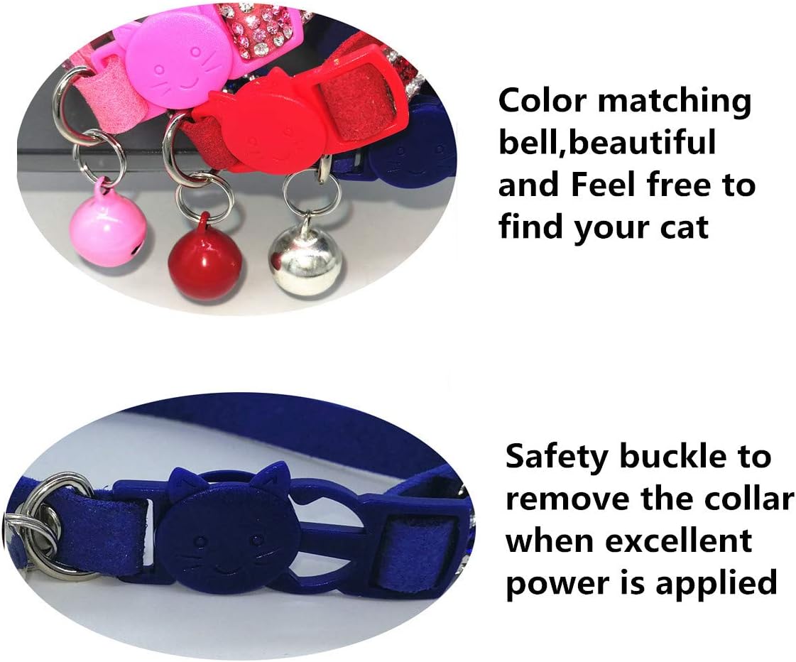 Basic Adjustable Cat Collar Bling Diamond Breakaway with Bell for Kitten Girl boy (Blue)