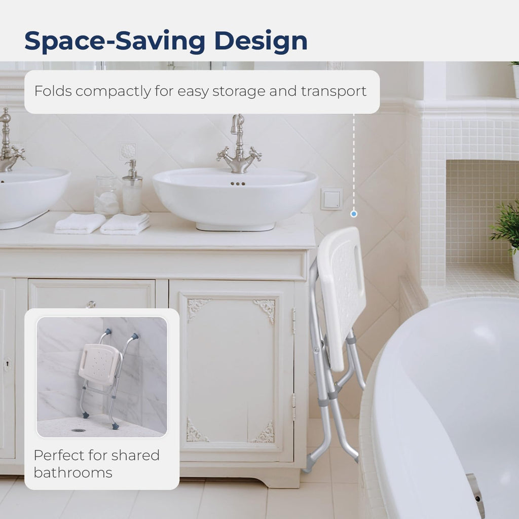 12486 Folding Shower Chair, Bath Bench with Drainage Holes and In-Seat Handles, Supports Users Up To 300 Pounds, White
