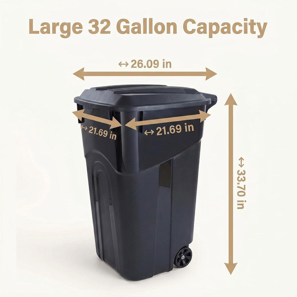 32 Gallon Wheeled Trash Can Heavy Duty Garbage Bin Attached Lid Black | Bottom Grip Handle;Easy Tilt & Dump