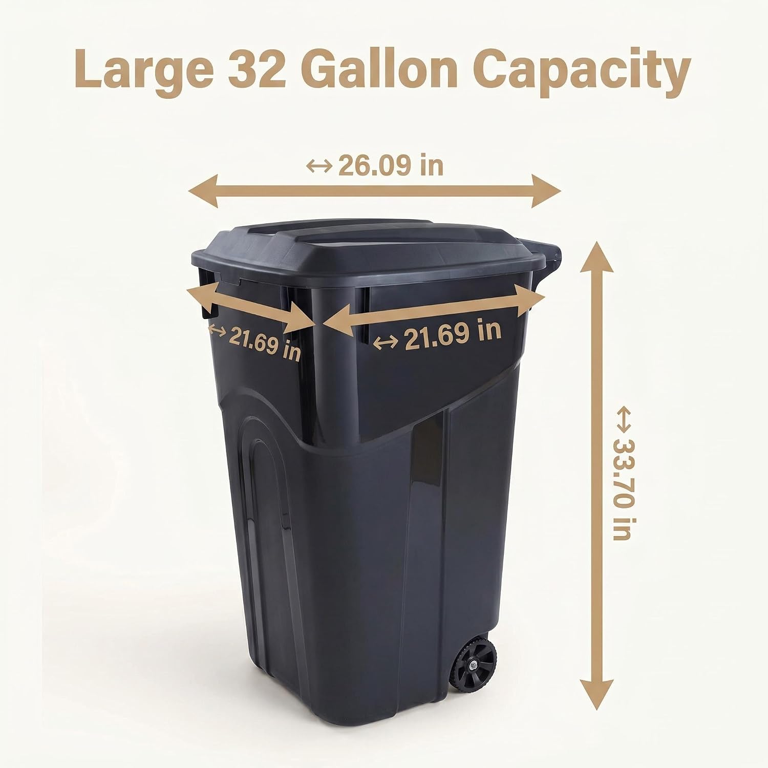 32 Gallon Wheeled Trash Can Heavy Duty Garbage Bin Attached Lid Black | Bottom Grip Handle;Easy Tilt & Dump