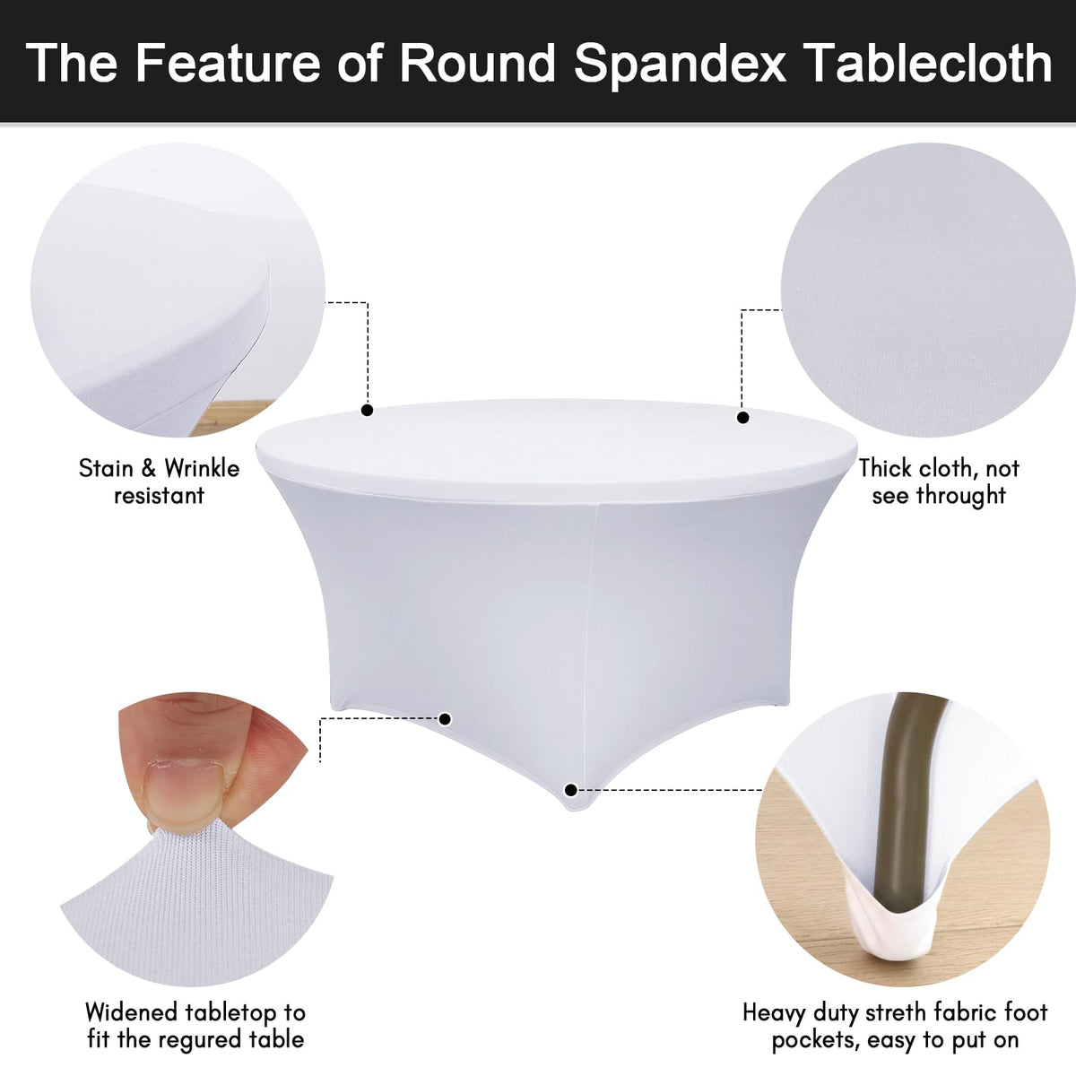 4 Pack 60 Inch Round Tablecloths White Spandex Fitted Table Covers