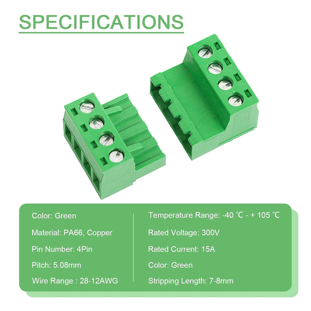 5Pairs 4 Pin 5.08mm Pitch Screw Terminal Block Connector Pluggable with Phoenix Plug for 28-12AWG Cable (5pairs, 5.08mm - 4P)