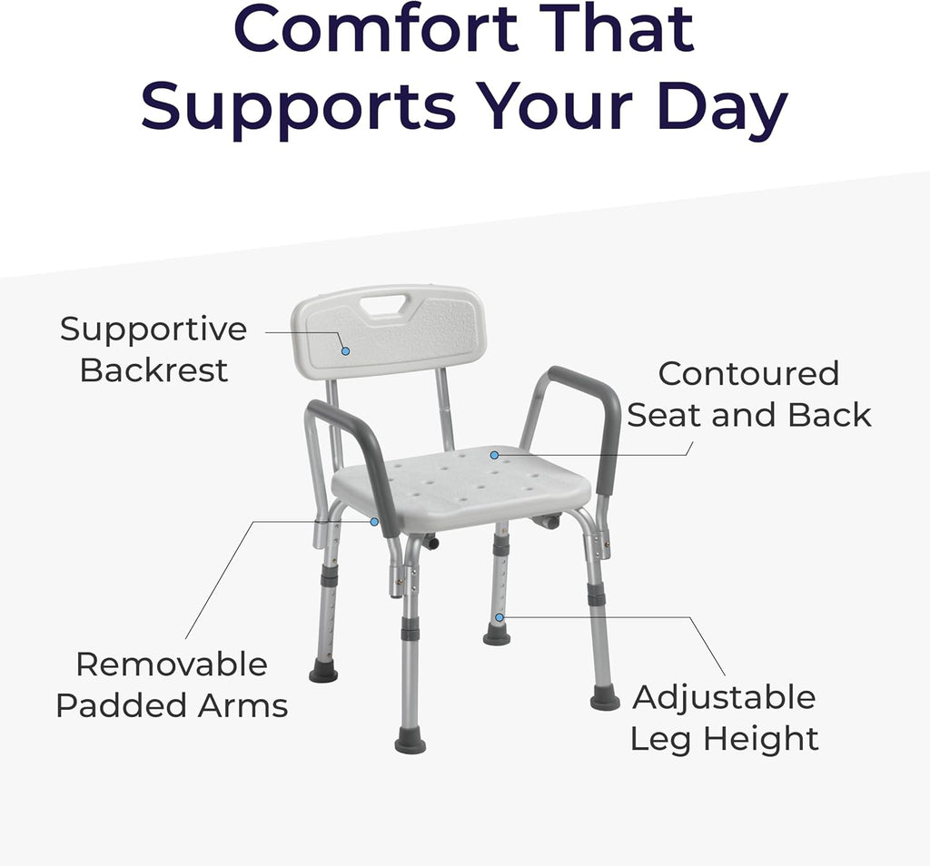 Shower Chair with Back & Padded Arms - Adjustable Height Bath Seat for Safety & Comfort - Lightweight Aluminum