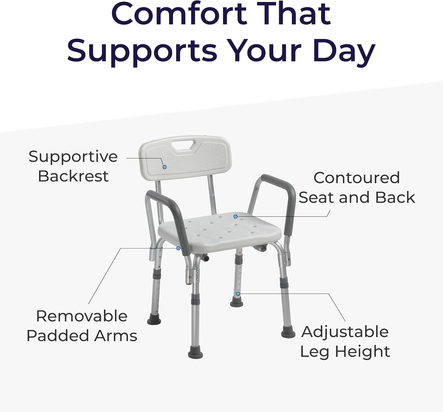 Shower Chair with Back & Padded Arms - Adjustable Height Bath Seat for Safety & Comfort - Lightweight Aluminum