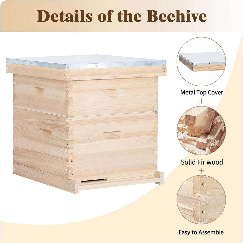 10 Frame Langstroth Bee Hive, Beehive Starter Kit for Beginners with Beehive Frames and Waxed Foundation (1 Deep Box