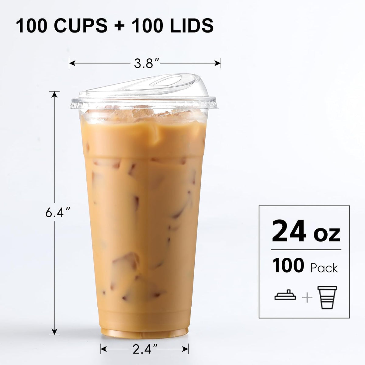 100 Pack 24 oz Disposable Plastic Cups With Strawless Sip-Lids, Clear Plastic Iced Coffee Cups Go for Drinks, Bubble