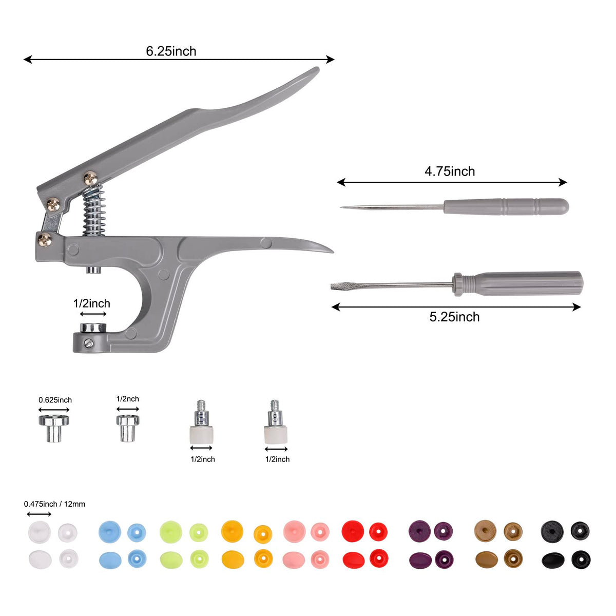 Plastic Snap Fastener Kit with Plier, Grey