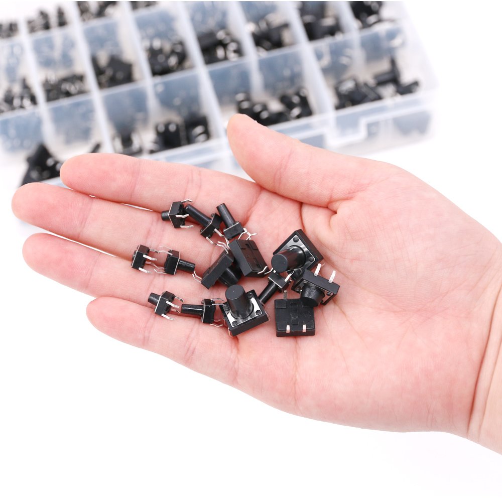 Hilitchi 250-Pcs 6 x 6mm 12 x 12mm Tactile Push Button Switch Micro Momentary Tact Assortment Kit - 20 Value / 4 Pins