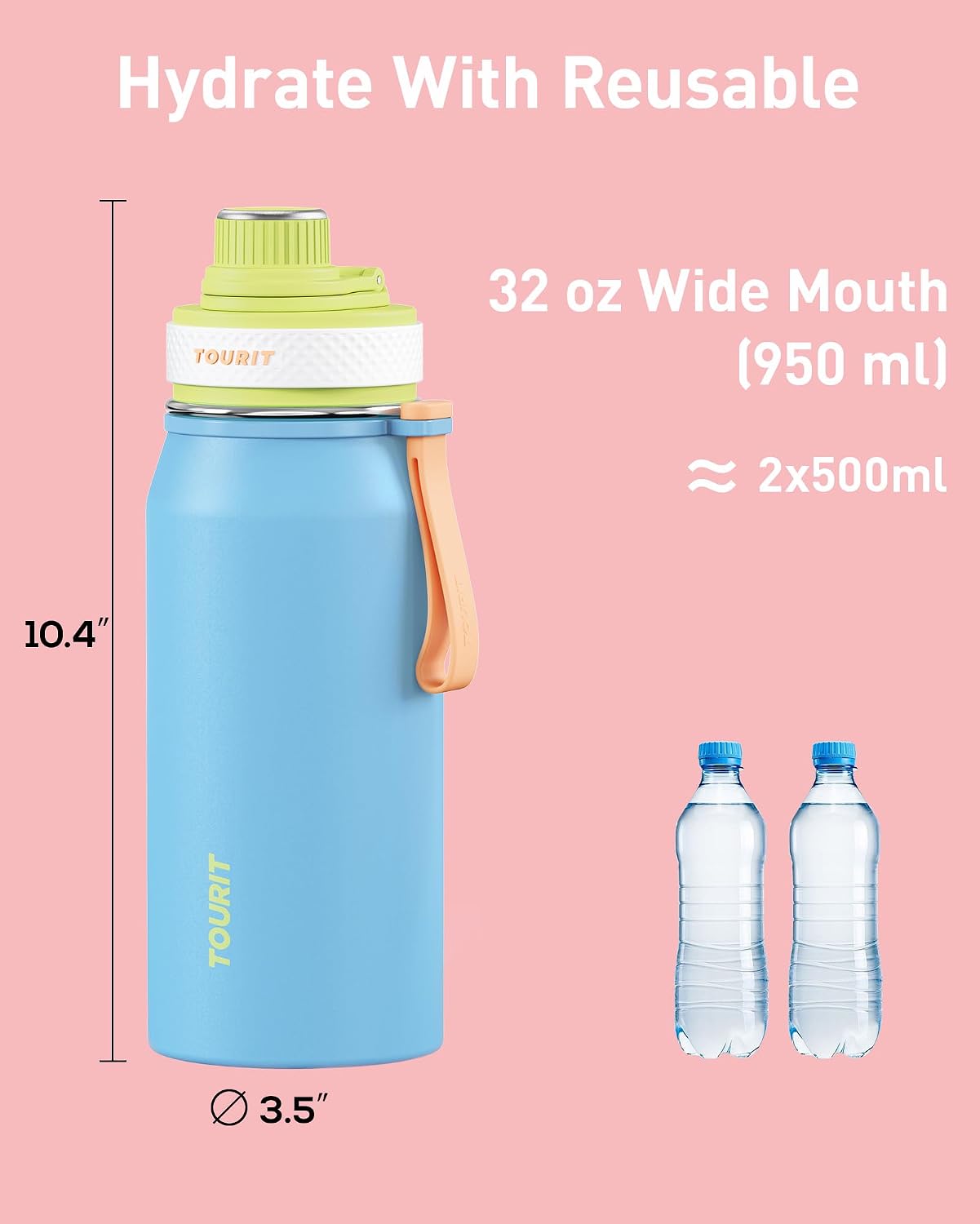 32oz Stainless Steel Wide Mouth Water Bottle, Double-Wall Vacuum Insulation with Spout Lid for Sports and Travel, Pink