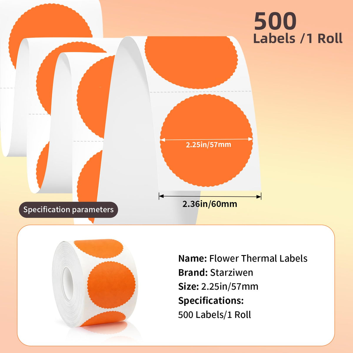 500 Labels/Roll 2.25" Orange Round Thermal Labels, Waterproof Circle Blank Thermal Sticker Compatible with Direct