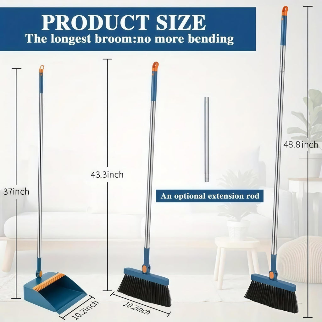 Broom and Dustpan Set, Long Handle Standing Broom with Self-Cleaning Comb Teeth, Heavy Duty Broom Dustpan Combo for