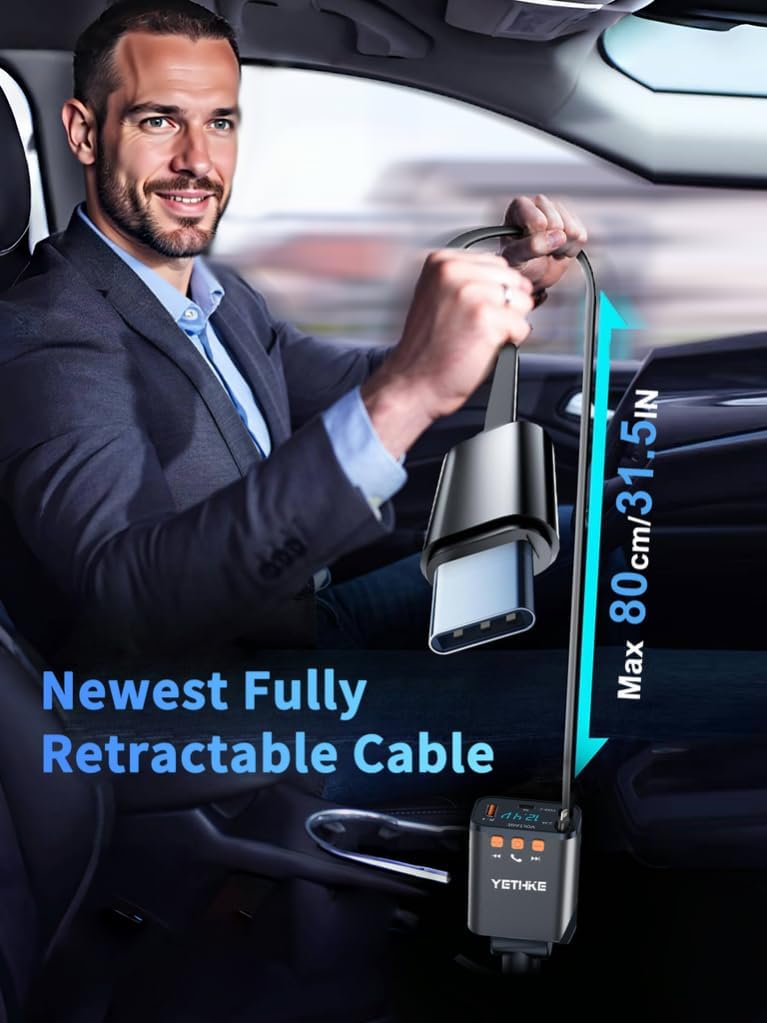 Bluetooth Car Adapter with Retractable Charger, FM Transmitter Bluetooth 5.4 for Cars, 4 in 1 Fast Car Phone Charger