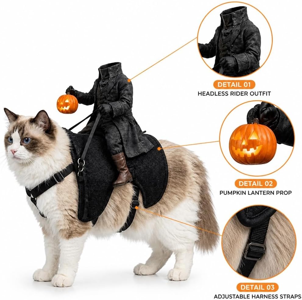Headless Horseman Cat Costume LED Riding Illusion Halloween Pet