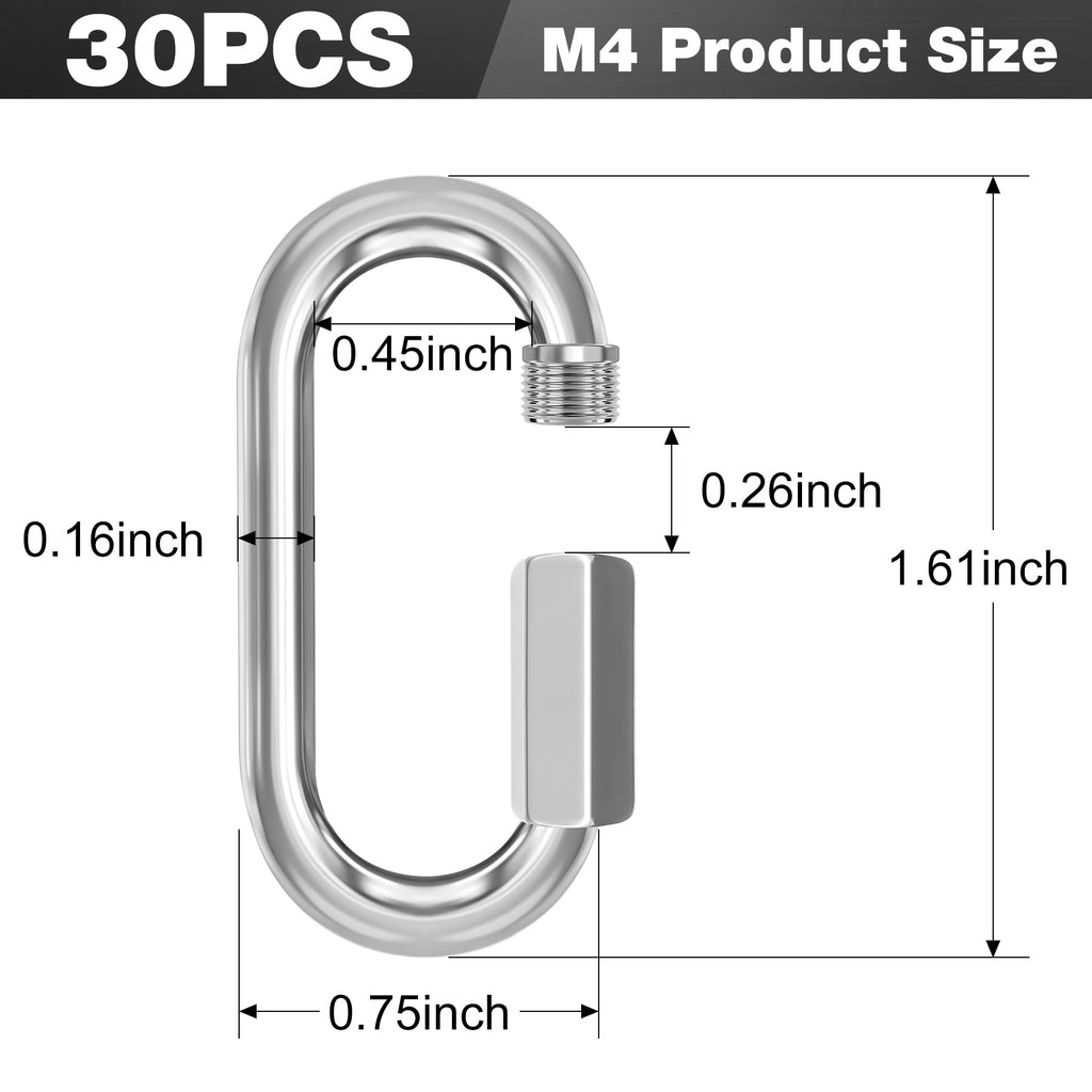 phepetroll M4-30 Pack 1.61“ Quick Links Chain Connectors, 5/32″ Galvanized Chain Locking Hooks, 330LBS Heavy Duty Thread Quick Link Clips, Twist Oval Keychain D Shape for Swing, Backpack, Key Ring