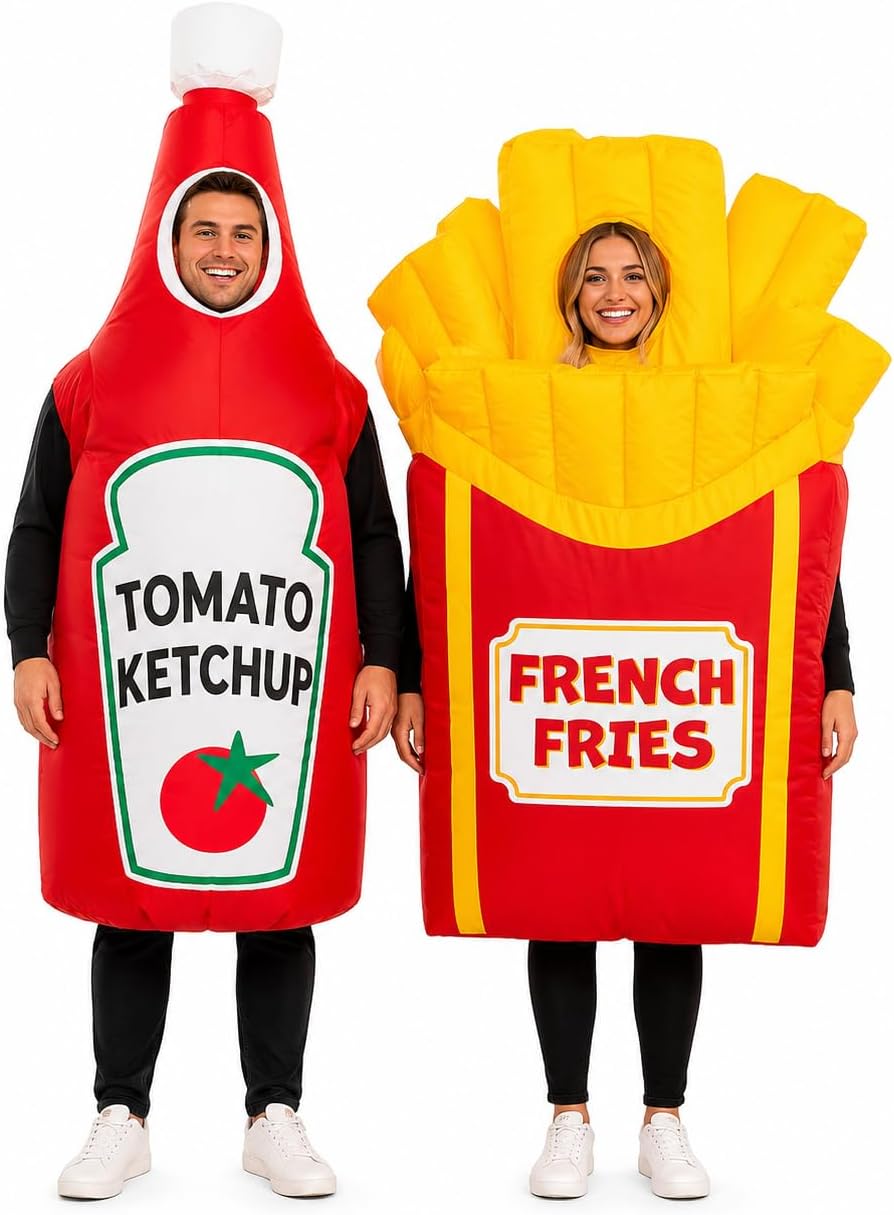 Adult Inflatable Couple Costume, Ketchup and Fries Party Outfits | Adult ketchup and fries inflatable couple costumes