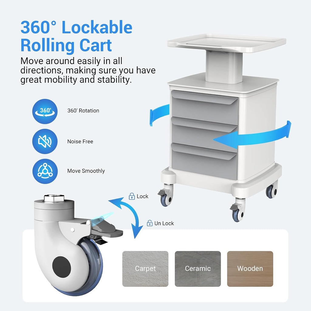 Medical Carts with Wheels and Drawers, Mobile Ultrasound Cart, Rolling Dental Implant Cart with Caster Wheels, Beauty