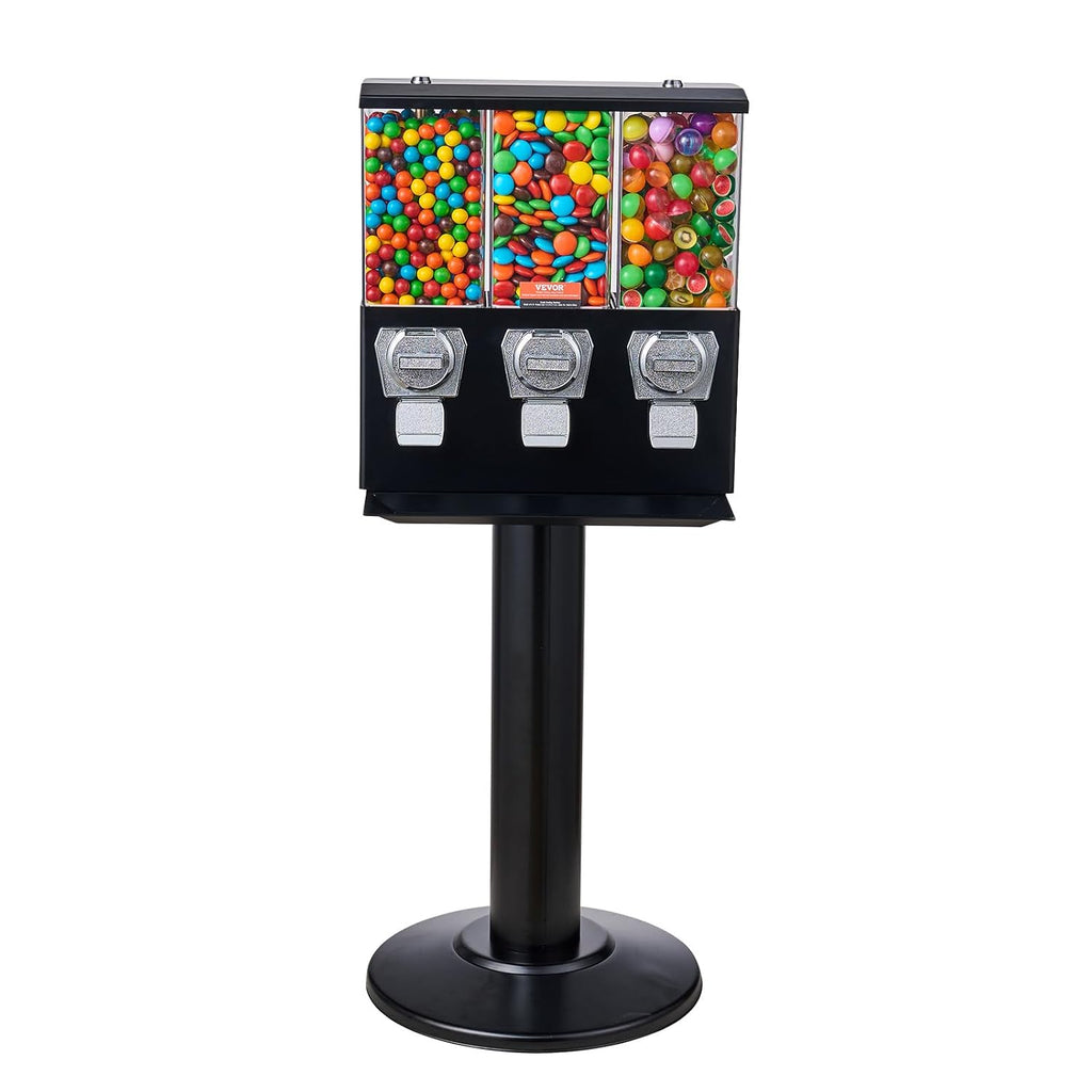 Commercial Vending Machine, Triple Compartment Candy Dispenser with Iron Stand, Gumball and Candy Machine for