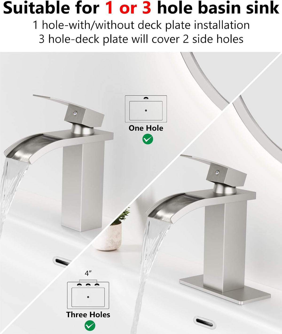 Brushed Nickel Waterfall Bathroom Faucet 1-Handle Vanity Faucet