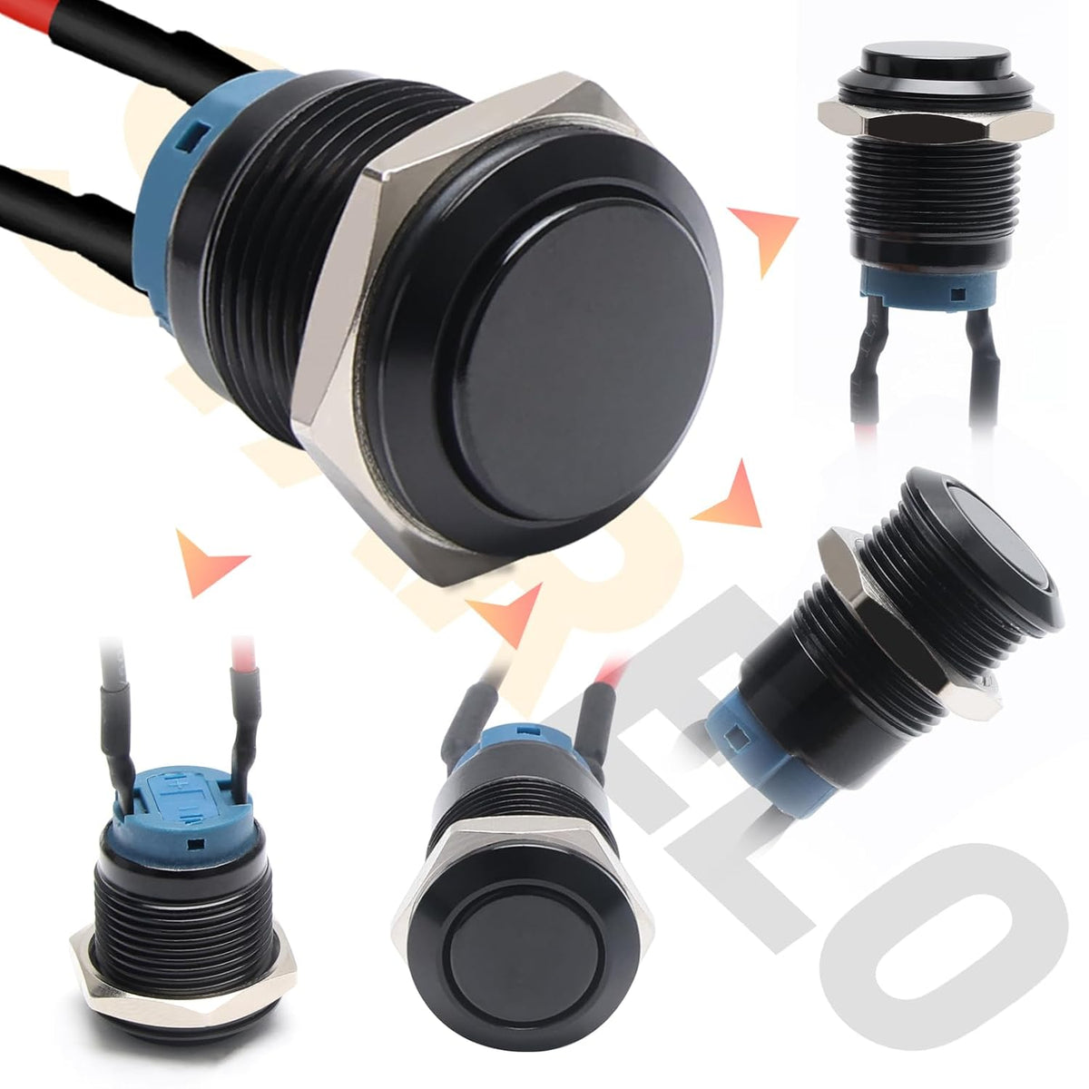 STARELO 5pcs 16mm Latching Push Button Switch Black Shell with pre-Wiring, IP65 Waterproof Push Button Switch,Aluminum Alloy 1 Normally Open Without LED.