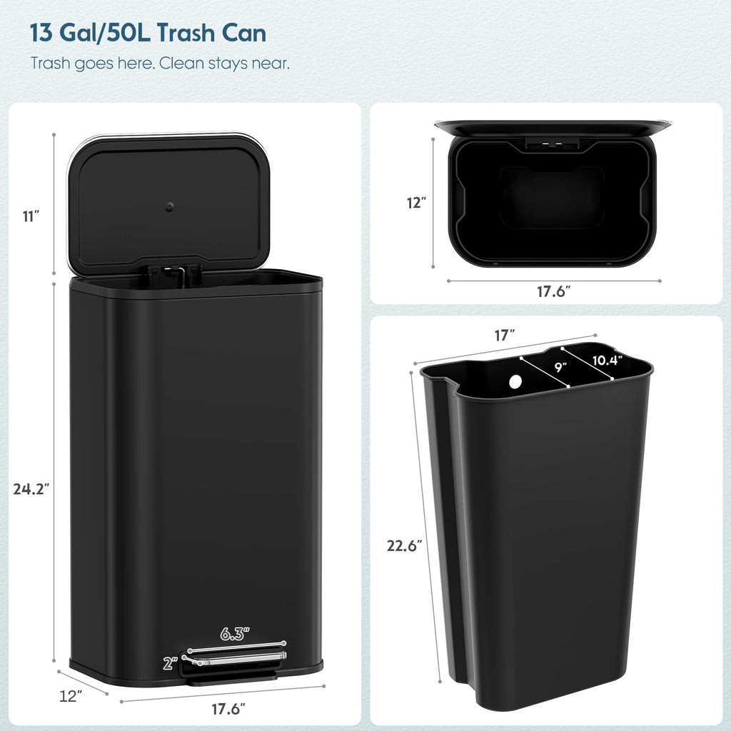 13.2 Gallon 50L Square Step Kitchen Trash Can, Stainless Steel,Black