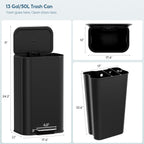 13.2 Gallon 50L Square Step Kitchen Trash Can, Stainless Steel,Black