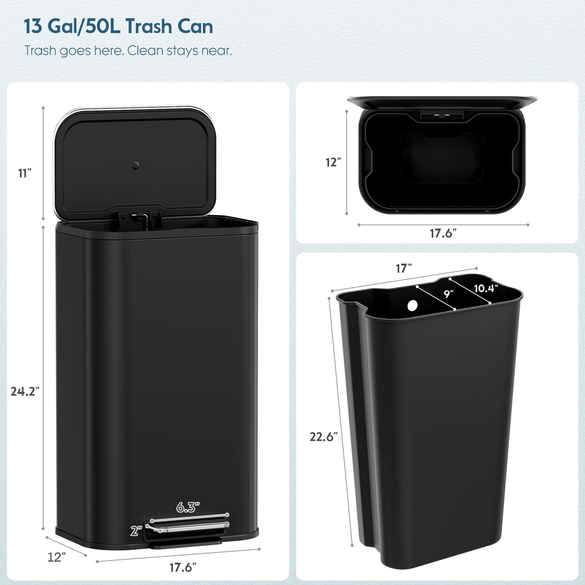 13.2 Gallon 50L Square Step Kitchen Trash Can, Stainless Steel,Black