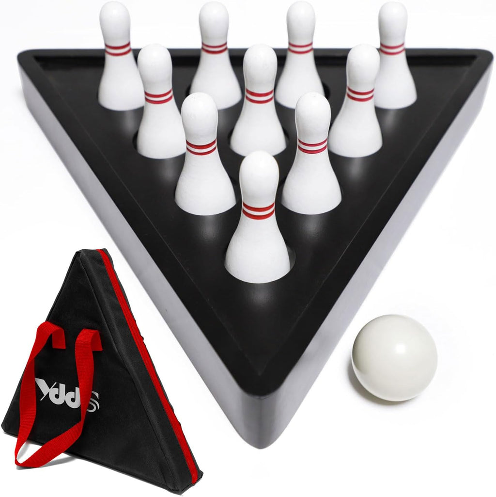 Shuffleboard Bowling Pin Set with 10 Pcs Premium Hardwood Bowling Pins Durabel Triangular Pinsetter Resin Bowling