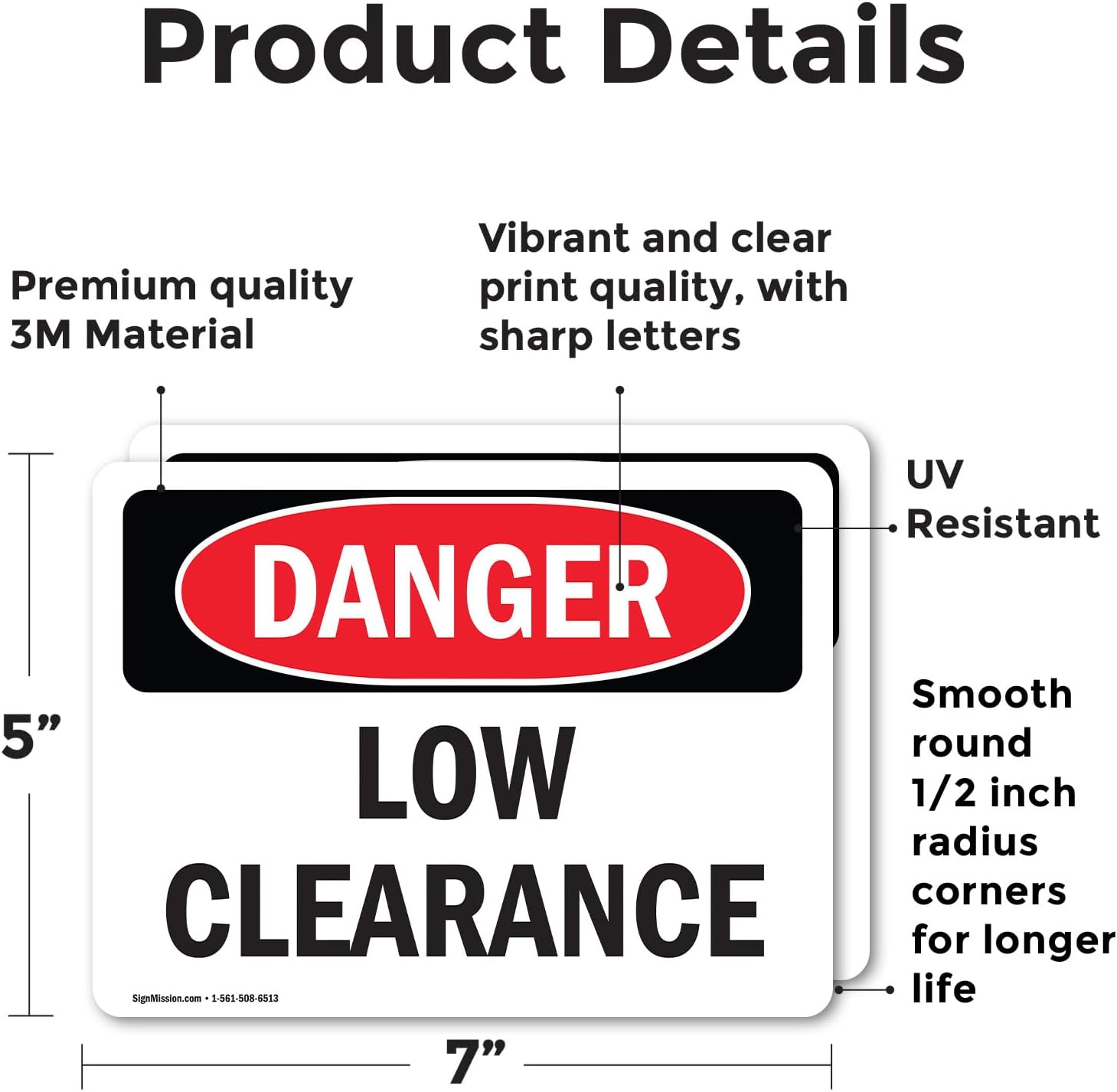 (2 Pack) Low Clearance OSHA Danger Sign 7 Inch X 5 Inch Vinyl Label Decal Sticker Weather Resistant, UV Protected for