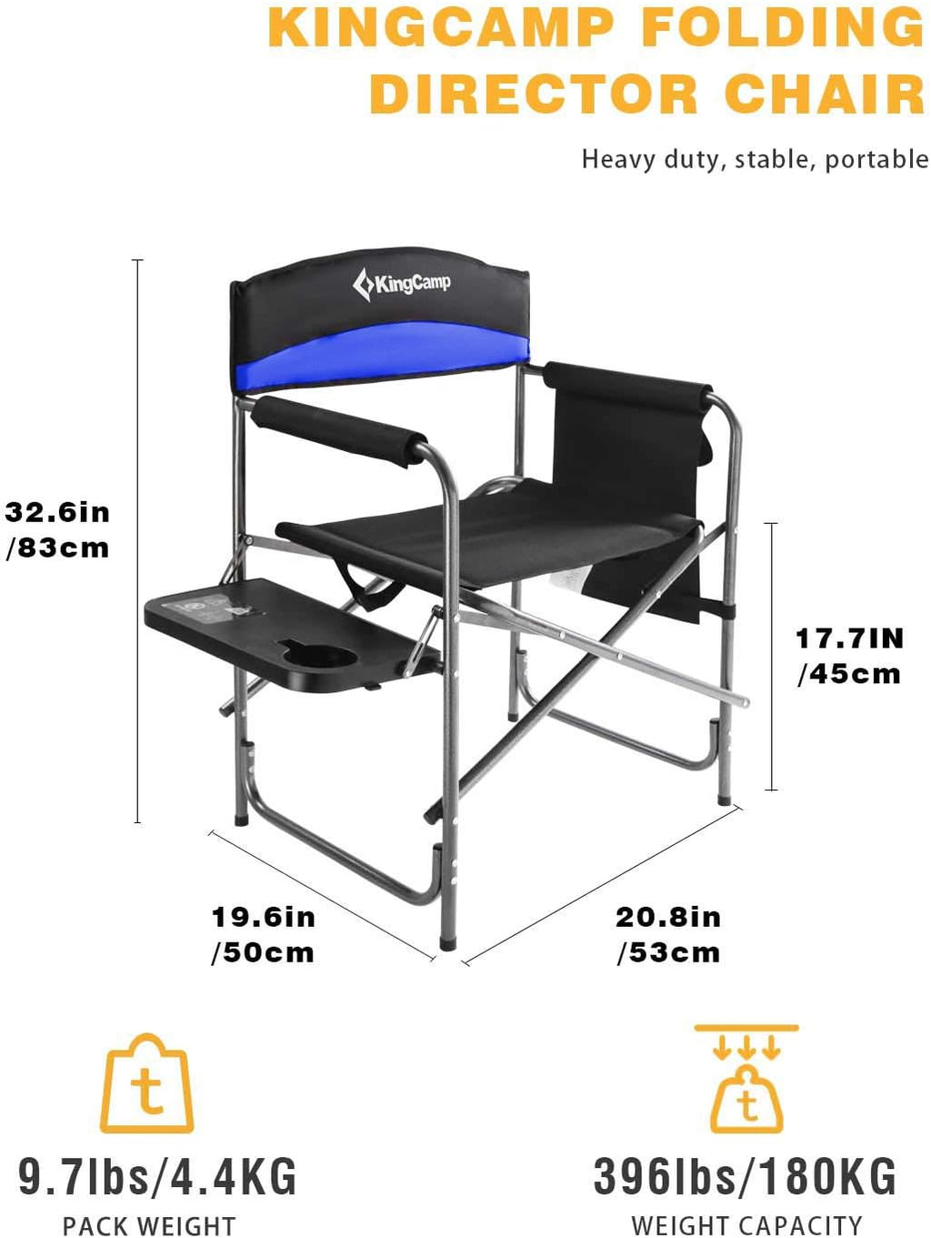 Portable Camping Chair, Folding Directors Chair Compact Outdoor Chair with Side Table Cup Holder for Beach Trip