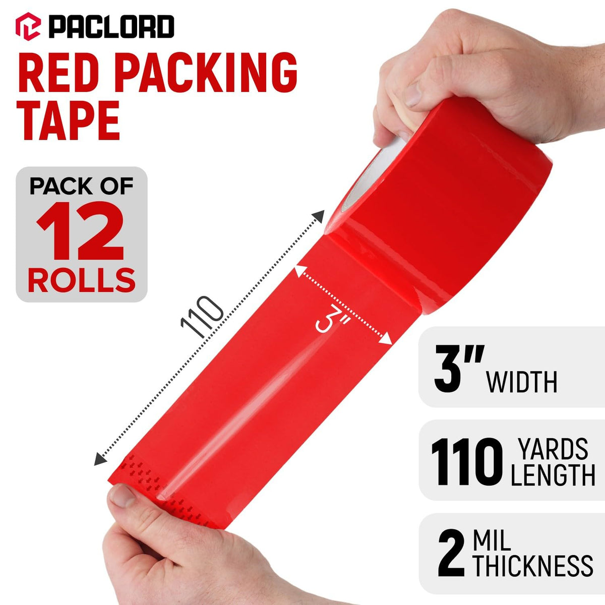 3" x 110 Yards Red Packing Tape, 12 Rolls - 2.0 Mil Carton Sealing Tape