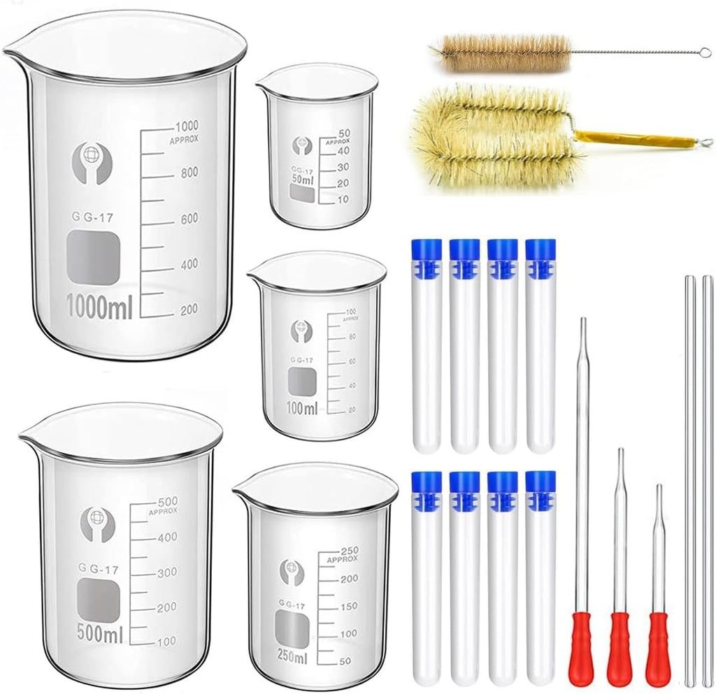 Glass Beakers Set 50/100/250/500/1000ml with 8Pcs Test Tubes | Borosilicate Measuring Beaker with Printed Graduation
