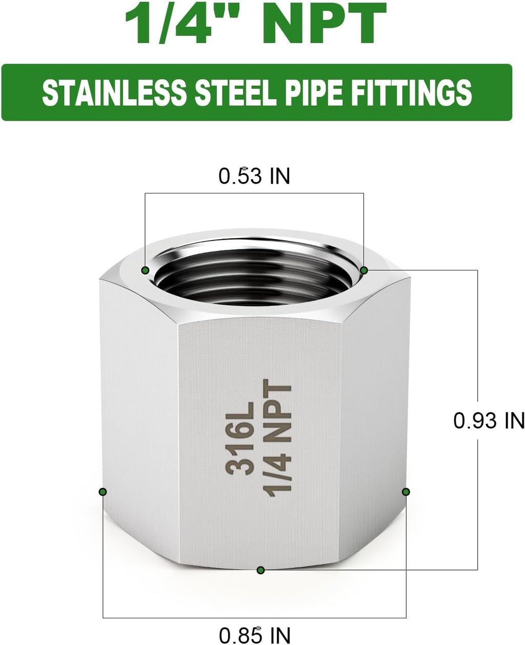 TAISHER 5PCS Forging of 316L SS Hex Coupling, 1/4" NPT Female Pipe Fitting