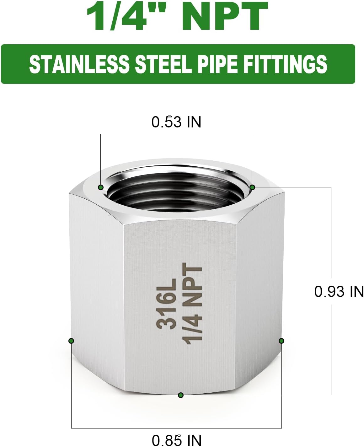TAISHER 5PCS Forging of 316L SS Hex Coupling, 1/4" NPT Female Pipe Fitting