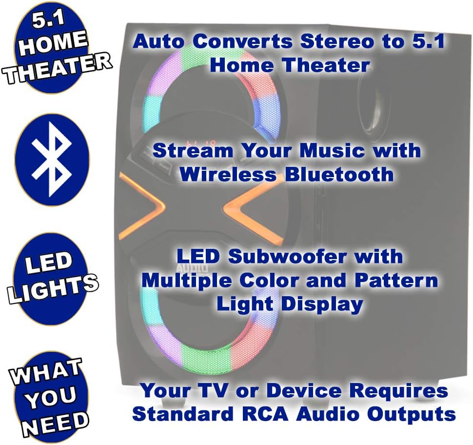 5.1 Speaker System 5.1-Channel with LED lights and Bluetooth Home Theater Speaker System, Black (AA5210)