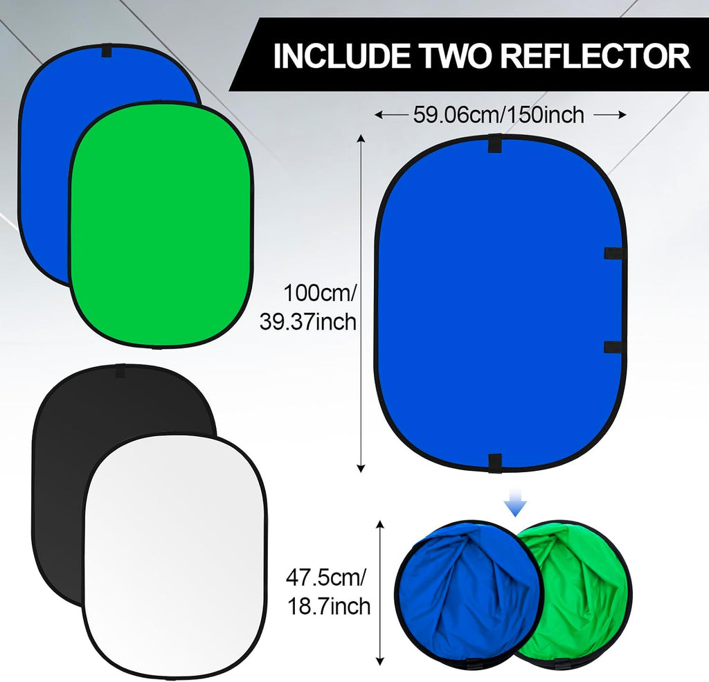 2 Pack Foldable Photo Backdrop with Stand, 3.3 x 5 ft Double Sided Green Blue Black White 2 in 1 Screen, Portable