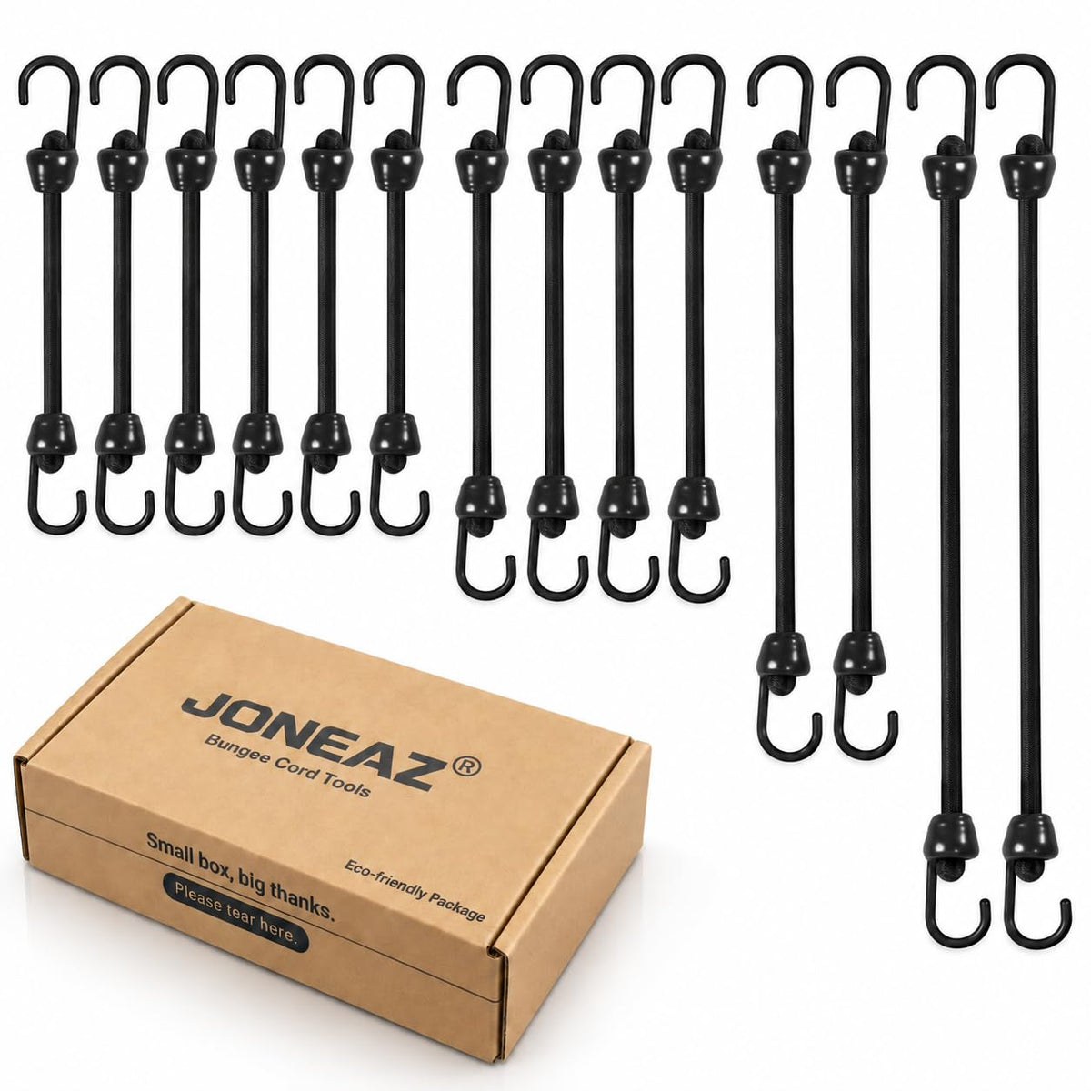 Small Bungee Cords with Hooks, 14-Pack, Assorted Sizes, Black
